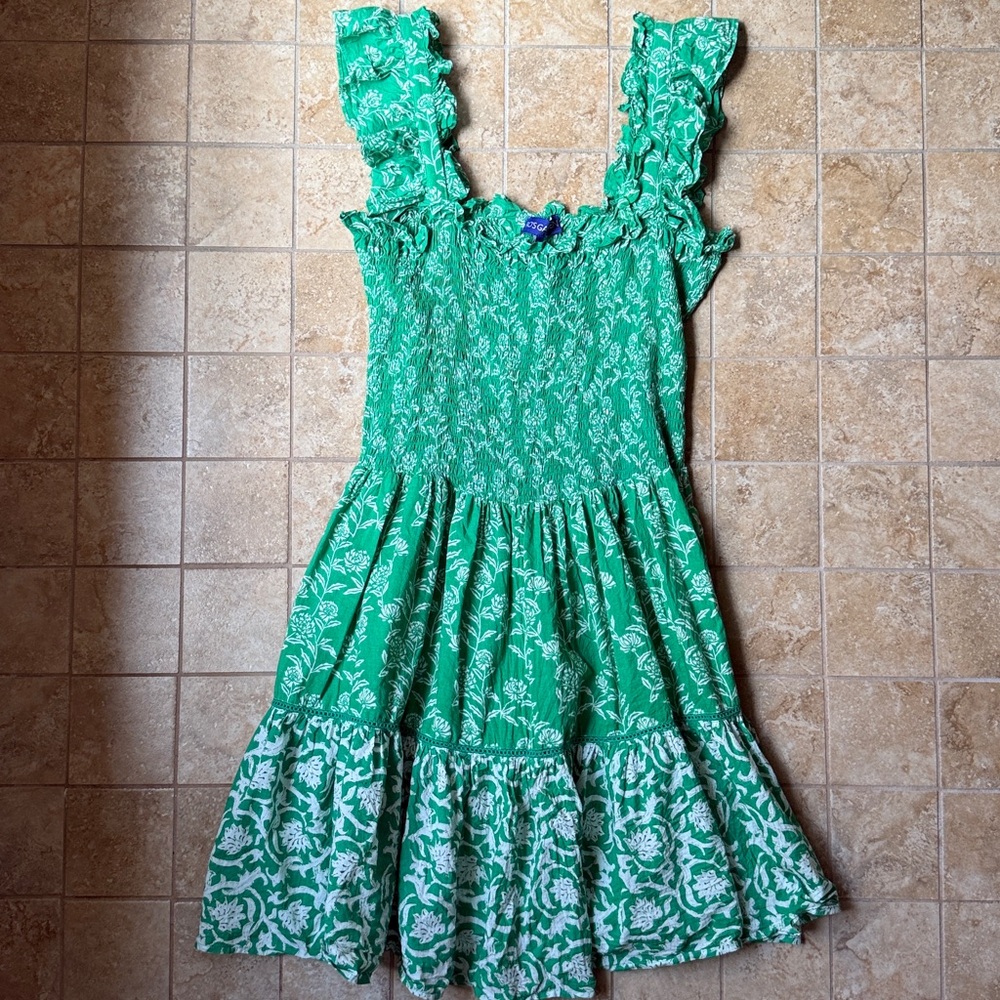 Tuckernuck Ro’s Garden Elena Smocked Mini Frankie Green Dress XL 100% Cotton EUC